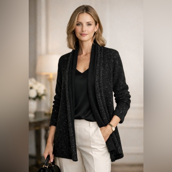 Bloomingdale's Sweaters - C by Bloomingdales Womens 100% Cashmere Cardigan Sz S Black Open Front Sweater
